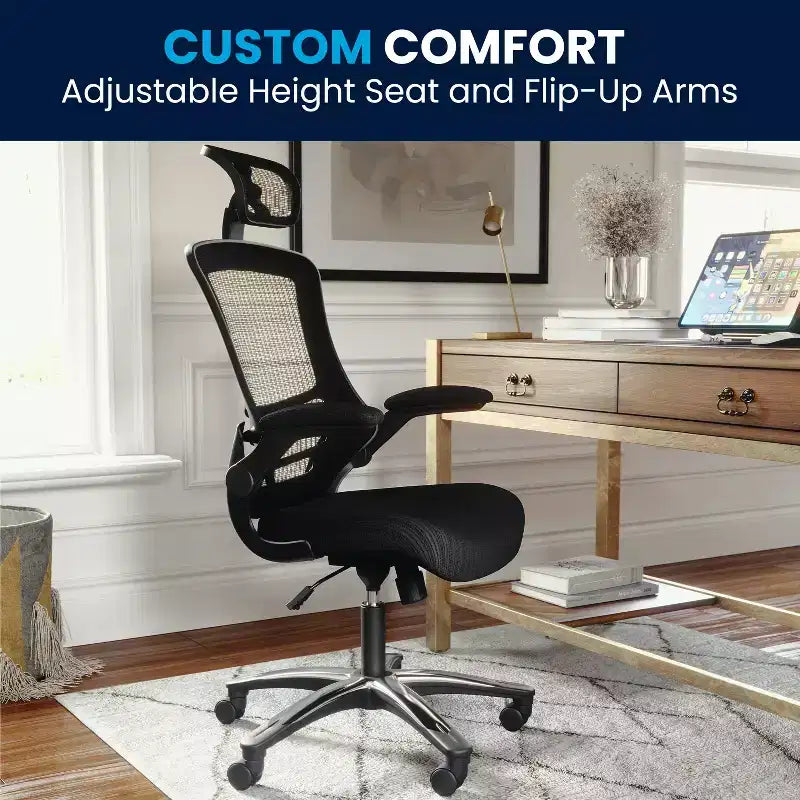 High-Back Black Mesh Swivel Ergonomic Executive Office Chair with Flip-Up Arms & Adjustable Headrest