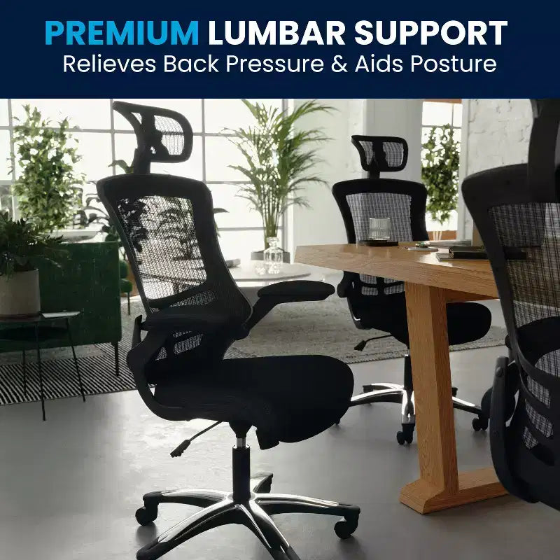 High-Back Black Mesh Swivel Ergonomic Executive Office Chair with Flip-Up Arms & Adjustable Headrest