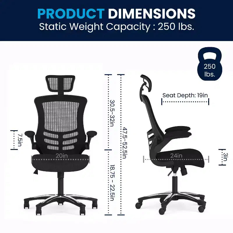 High-Back Black Mesh Swivel Ergonomic Executive Office Chair with Flip-Up Arms & Adjustable Headrest