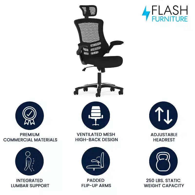 High-Back Black Mesh Swivel Ergonomic Executive Office Chair with Flip-Up Arms & Adjustable Headrest