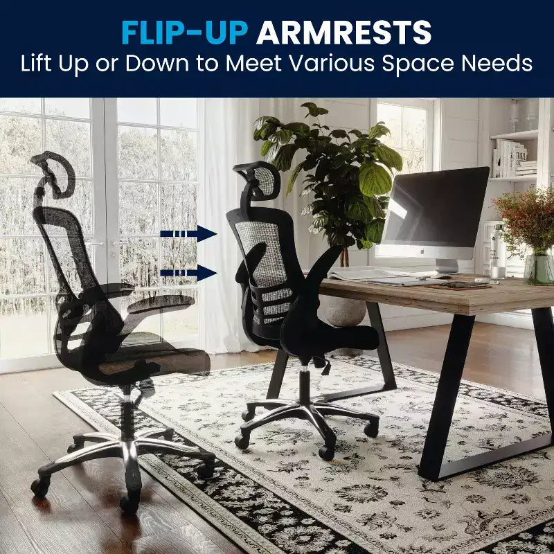 High-Back Black Mesh Swivel Ergonomic Executive Office Chair with Flip-Up Arms & Adjustable Headrest