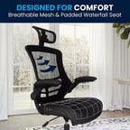 High-Back Black Mesh Swivel Ergonomic Executive Office Chair with Flip-Up Arms & Adjustable Headrest