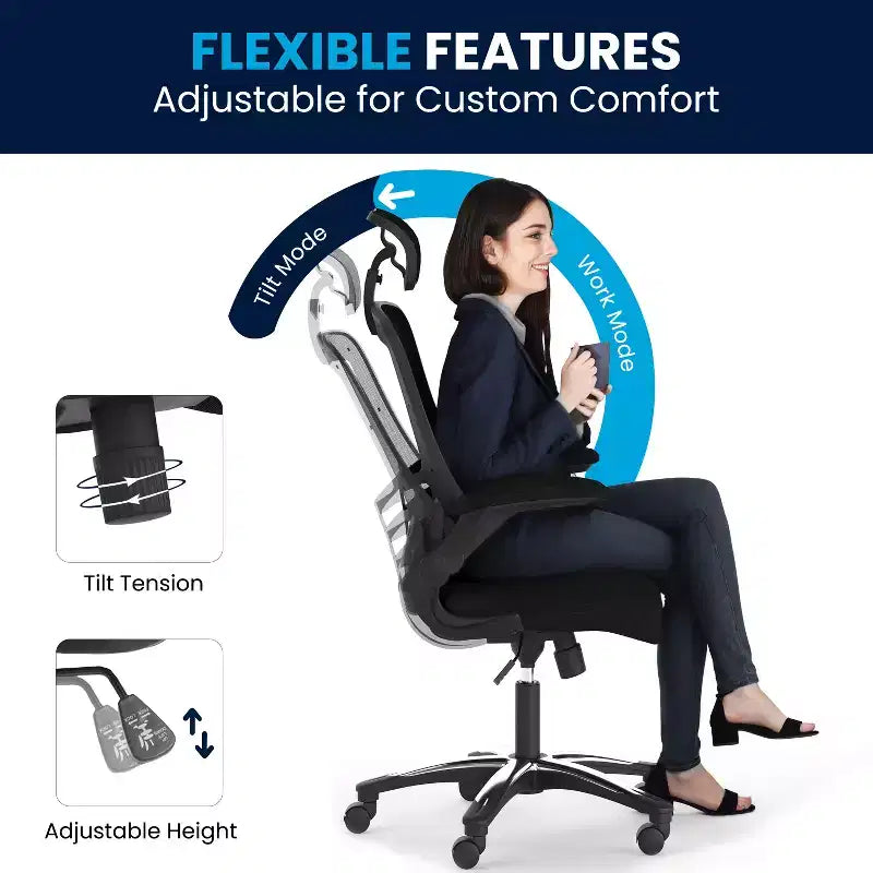 High-Back Black Mesh Swivel Ergonomic Executive Office Chair with Flip-Up Arms & Adjustable Headrest