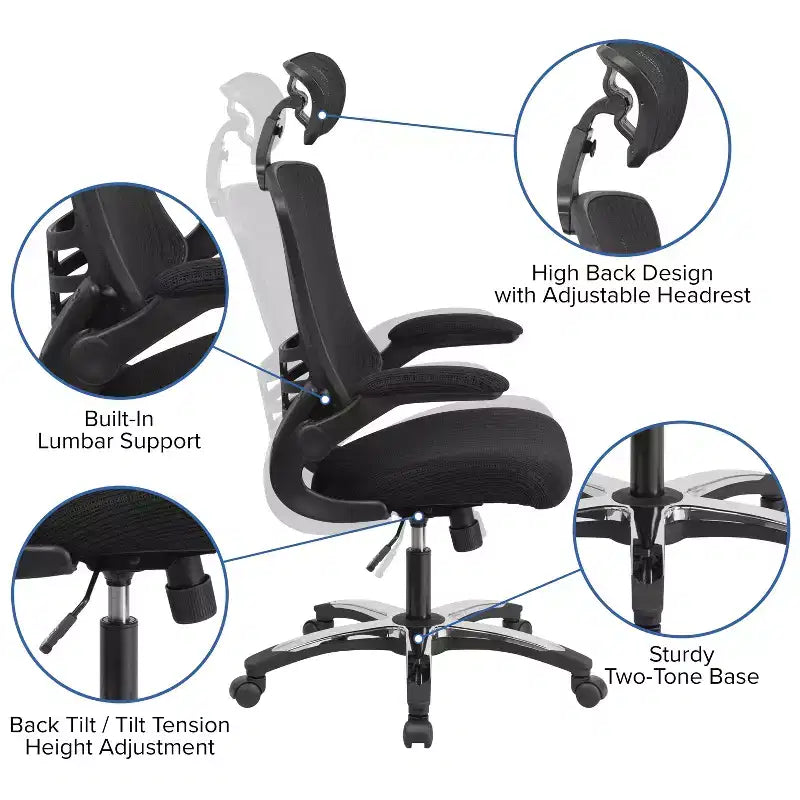 High-Back Black Mesh Swivel Ergonomic Executive Office Chair with Flip-Up Arms & Adjustable Headrest