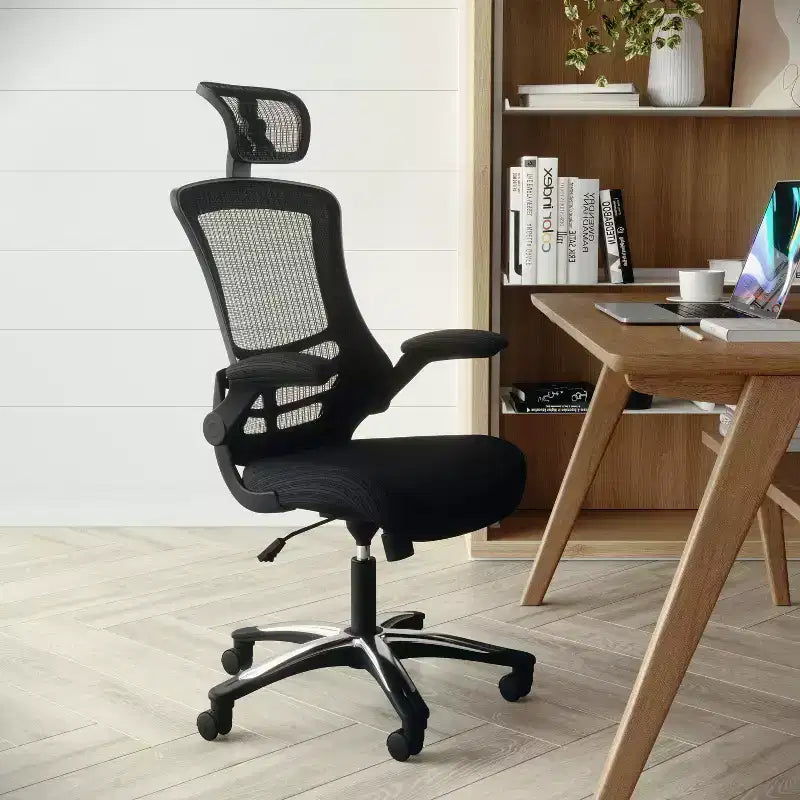 High-Back Black Mesh Swivel Ergonomic Executive Office Chair with Flip-Up Arms & Adjustable Headrest
