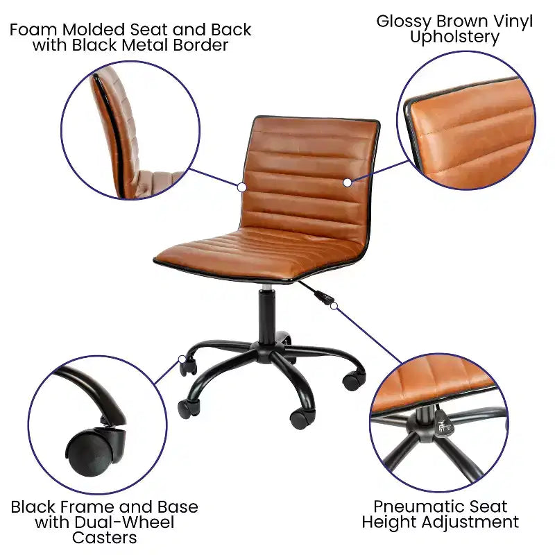 Low Back Armless Ribbed Swivel Task Office Chair, Vinyl Upholstery, 250 LBS Capacity