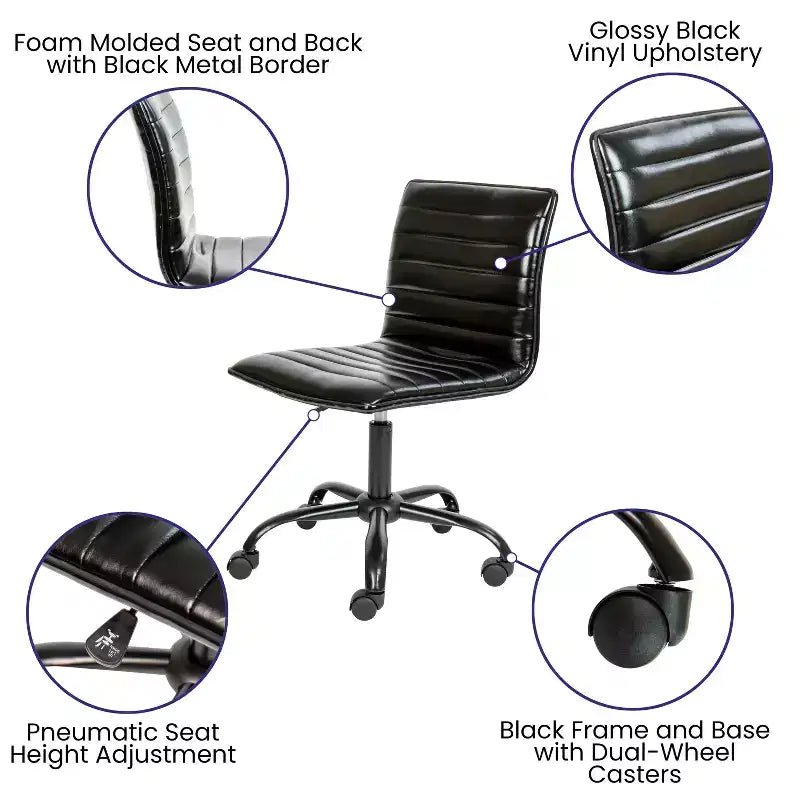 Low Back Armless Ribbed Swivel Task Office Chair, Vinyl Upholstery, 250 LBS Capacity