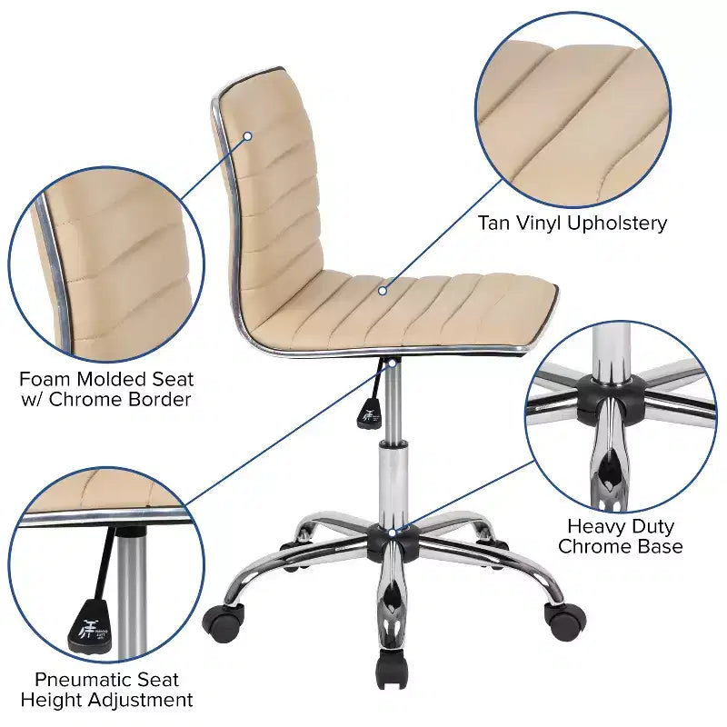 Low Back Armless Ribbed Swivel Task Office Chair, Vinyl Upholstery, 250 LBS Capacity