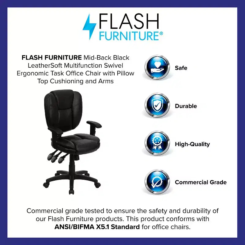 Mid-Back Multifunction Swivel Ergonomic Task Office Chair with Pillow Top Cushioning & Adjustable Arms