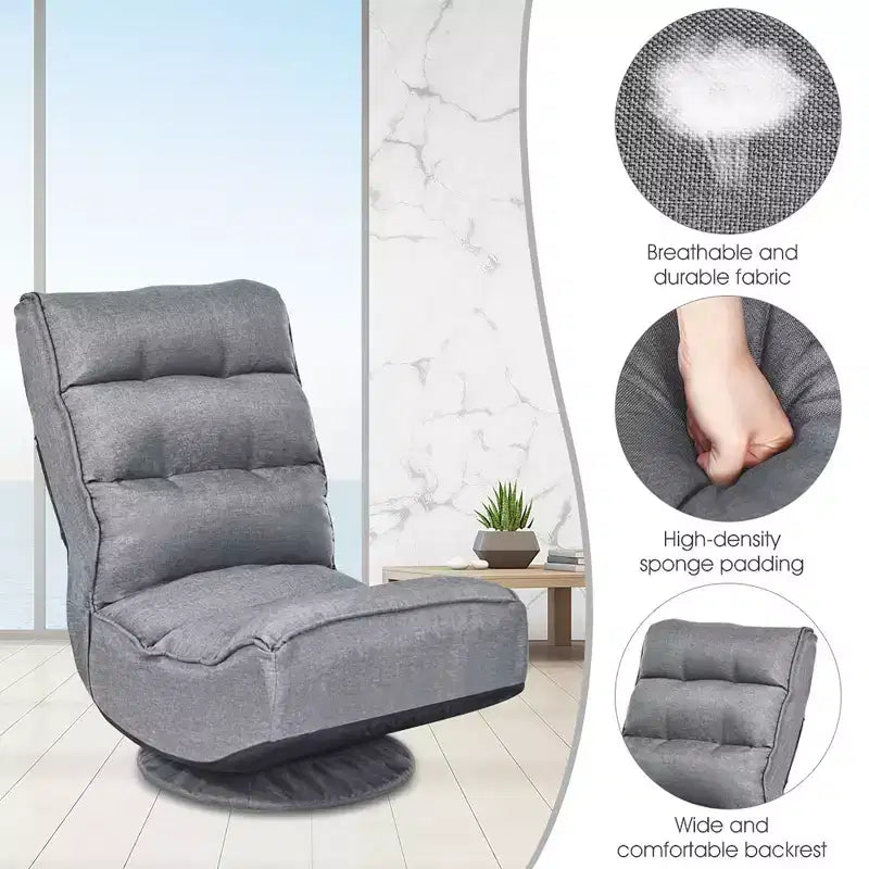 Fabric Gaming Floor Chair, 6-Position Folding Lazy Sofa with 360° Swivel Base, Grey