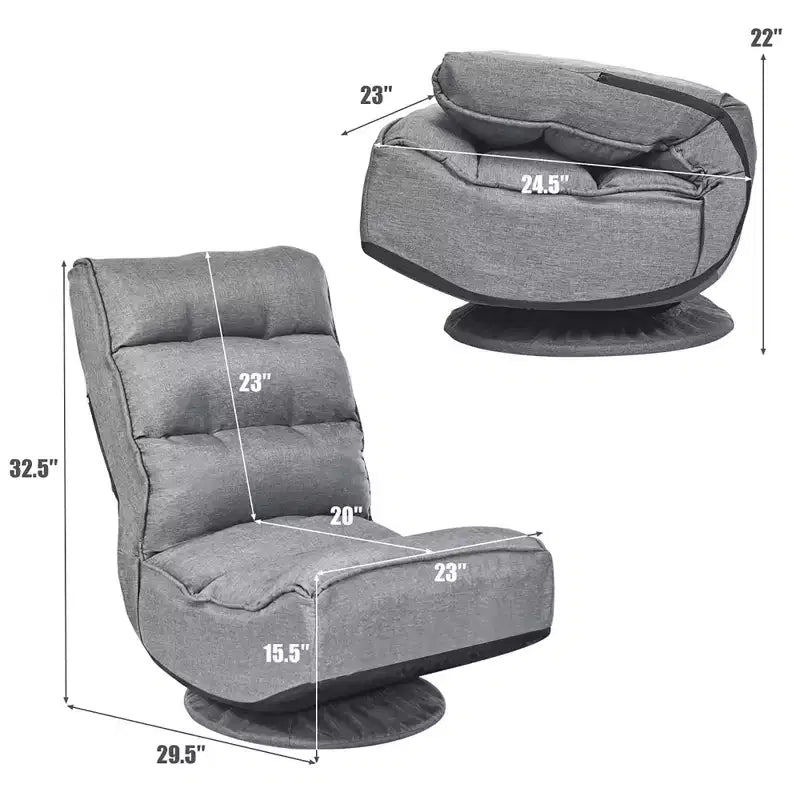 Fabric Gaming Floor Chair, 6-Position Folding Lazy Sofa with 360° Swivel Base, Grey