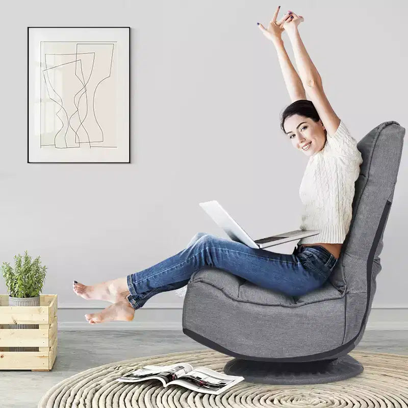Fabric Gaming Floor Chair, 6-Position Folding Lazy Sofa with 360° Swivel Base, Grey