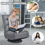 Fabric Gaming Floor Chair, 6-Position Folding Lazy Sofa with 360° Swivel Base, Grey