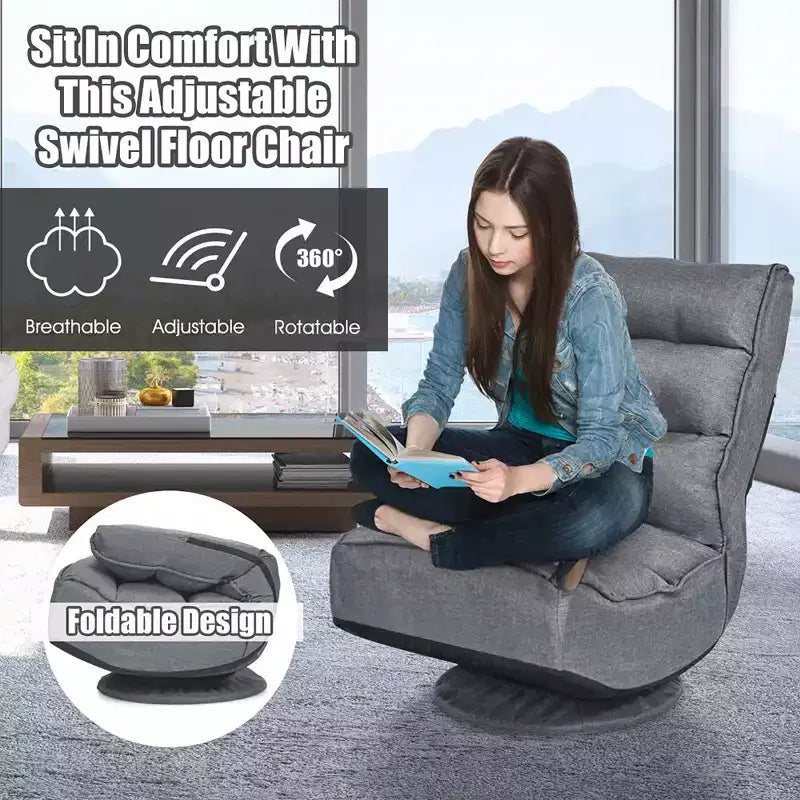 Fabric Gaming Floor Chair, 6-Position Folding Lazy Sofa with 360° Swivel Base, Grey