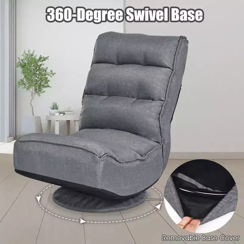 Fabric Gaming Floor Chair, 6-Position Folding Lazy Sofa with 360° Swivel Base, Grey