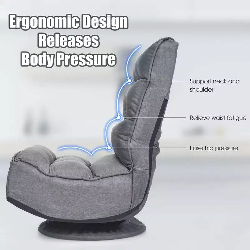 Fabric Gaming Floor Chair, 6-Position Folding Lazy Sofa with 360° Swivel Base, Grey