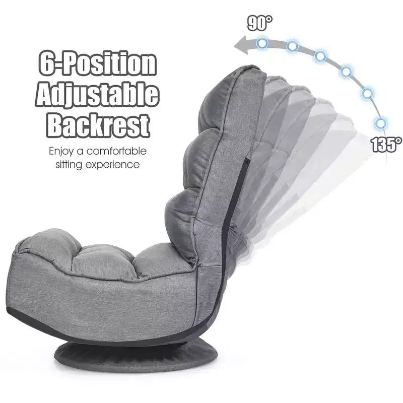 Fabric Gaming Floor Chair, 6-Position Folding Lazy Sofa with 360° Swivel Base, Grey